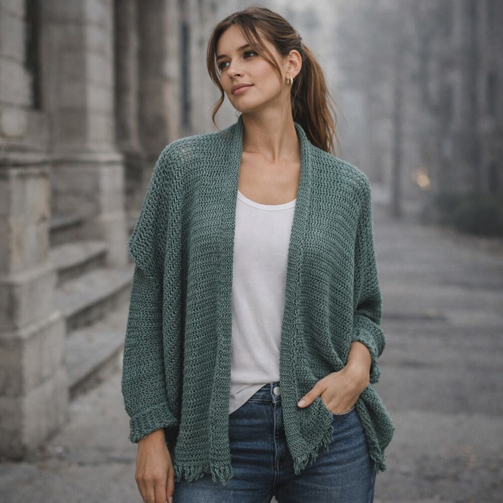 Margaret O'Leary SZ S 100% Cotton Green Open Knit Cardigan With Fringe